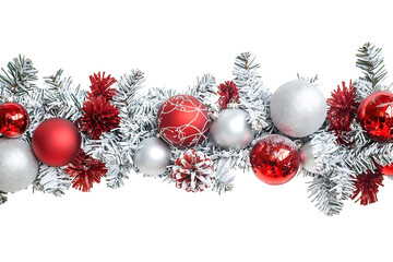 Festive Christmas Garland with Red and Silver Ornaments and Frosted Pine Branches