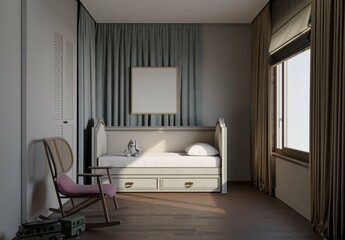 mockup poster in cute kids bedroom with classic sofa bed in grey color. 3d illustration