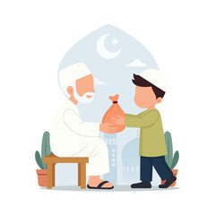 A little boy giving donation and charity in flat style with vector illustration