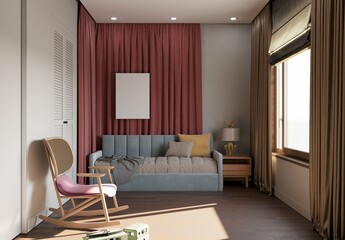 mockup poster in cute kids bedroom with sofa bed in blue color. 3d illustration