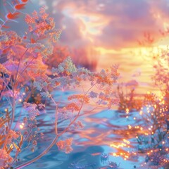 Breathtaking sunset reflection in a serene tranquil lake landscape with vibrant warm colors and a dreamlike ethereal atmosphere  Peaceful natural scene evoking a sense of wonder and calm