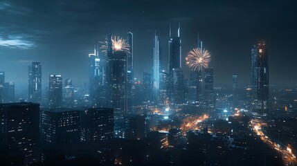 Futuristic Cityscape Night Fireworks Display