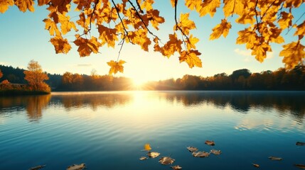 Golden Autumn Leaves Reflecting on Peaceful Lake at Sunrise Nature Photography Tranquil Environment Scenic Viewpoint Serenity Concept