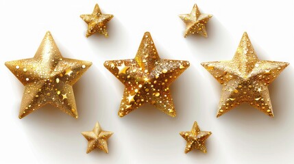 Seven gold glitter stars arranged on white.