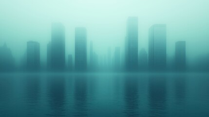 Fototapeta premium Ethereal Cityscape in Misty Atmosphere Over Calm Water Surface