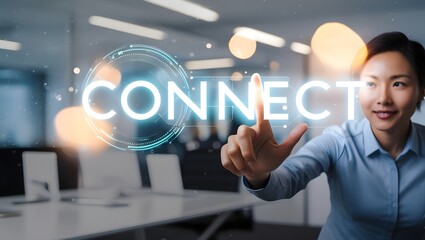 Obraz premium Company employees are about to press the “Connect” button to enter the online world.