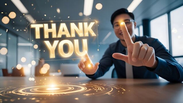 Company employees are about to press the "Thank You" button to show their appreciation to customers who support their business.