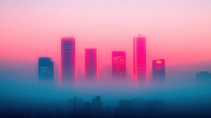 Fototapeta premium Neon Cityscape at Dusk with Mist and Soft Pink Sky