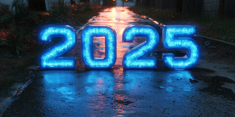 Large, illuminated 2025 sign glowing blue in a wet alley at night, symbolizing the upcoming new year