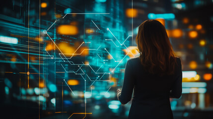 Abstract businesswoman stands on the peak of success Smart digital city with connection cyber security network reciprocity over the cityscape future wireless digital city and social media networking