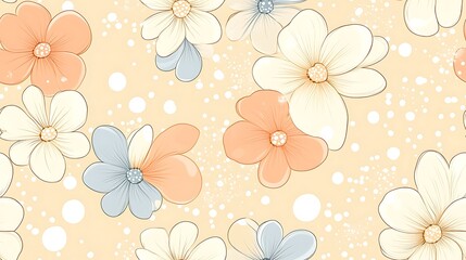 Fototapeta premium Cartoon-inspired floral motifs with pastel outlines, filled with soft gradient colors, interspersed with light polka dots on a warm beige background, hd quality, playful and cheerful aesthetic.