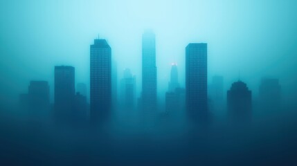 Fototapeta premium Misty Urban Landscape with Skyscrapers in Soft Blue Tones