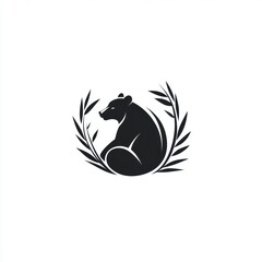 Silhouette of a bear sitting inside a wreath of leaves.