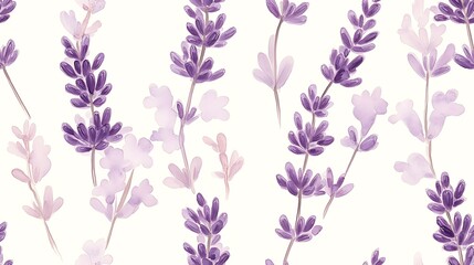 Delicate lavender sprigs arranged in a scattered pattern, soft purple tones with intricate detailing, set against a light cream background, hd quality, minimalistic and serene floral design.