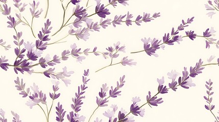 Obraz premium Lavender sprigs with soft purple blooms and detailed green stems, scattered lightly on a neutral cream background, hd quality, subtle and soothing floral design. --ar 16:9 --tile