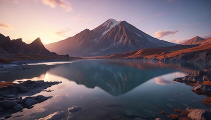 Glacial lake under the shadow of a dormant volcano at dusk, ice cover, frozen landscape