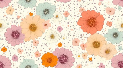 Minimalist floral doodles with bold outlines in soft peach, mint, and lilac, surrounded by pastel polka dots on a white background, seamless pattern, hd quality, lighthearted and modern design.