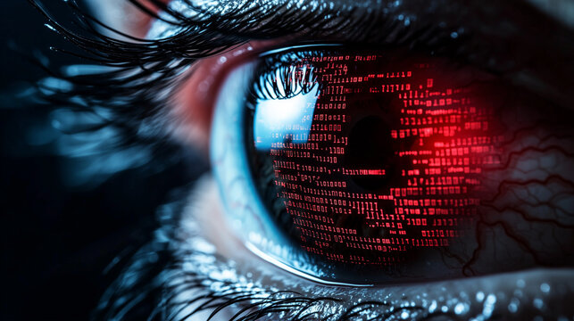 Futuristic digital eye with red data visualization
