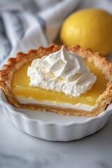 Lemon tart with whipped cream on white plate