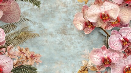 Orchids in soft pastel pink and white hues with vibrant yellow accents, entwined with feathery muted green ferns, on a clean, textured linen background, hd quality, delicate and timeless design.