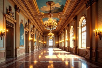 Fototapeta premium Grand hall with frescoed ceilings and ornate chandeliers, gilded, frescoes, art deco