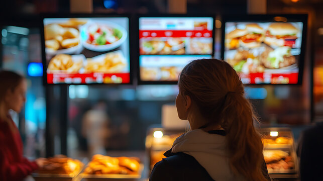 Woman Choosing Food From Digital Menu Boards at Fast Food Restaurant