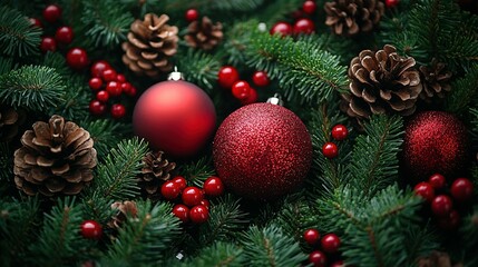 Obraz premium Charming Display of Christmas Decorations, Pine Cones, and Ornaments