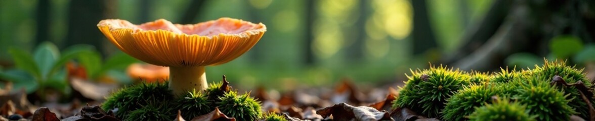 Fototapeta premium Large parasol mushroom cap sprawling across forest floor, fungi, decaying wood