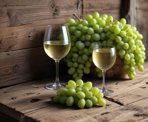 Fototapeta premium Cool white wine alongside plump green grapes on weathered wood , rustic, vintage