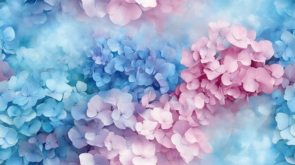 Obraz premium Pastel hydrangea blooms in pink and blue hues mixed with lavender lilacs, arranged in a lush cluster, with a soft sky blue background and faint sunlit highlights, hd quality, vibrant yet tranquil.