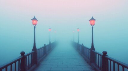 Fototapeta premium Foggy Pathway with Lanterns Illuminating a Mystical Atmosphere