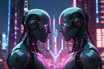 Two robots facing each other, glowing with romantic connection