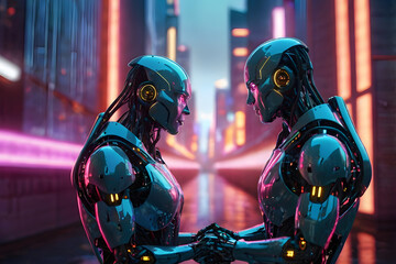 Two robots facing each other, glowing with romantic connection