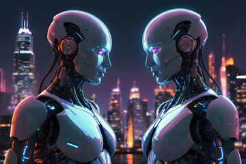 Two robots facing each other, glowing with romantic connection