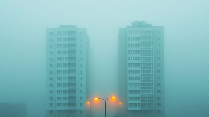 Urban Landscape in Foggy Atmosphere with Two Buildings and Lights