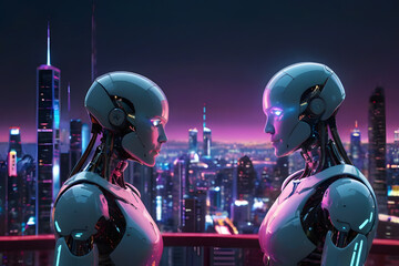 Two robots facing each other, glowing with romantic connection