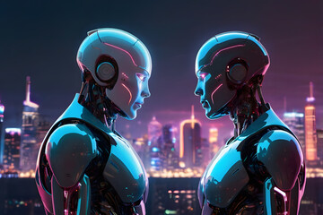 Two robots facing each other, glowing with romantic connection