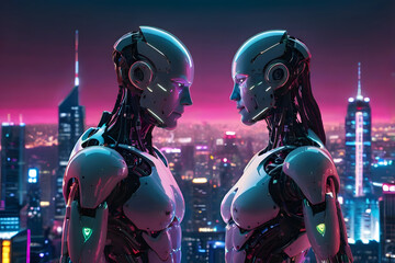 Two robots facing each other, glowing with romantic connection