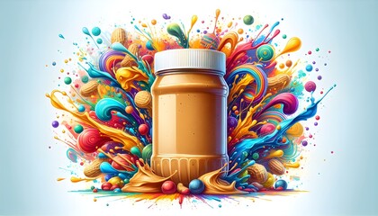 Vibrant Peanut Butter Celebration with Colorful Abstract Explosion