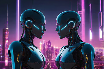 Two robots facing each other, glowing with romantic connection