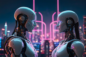 Two robots facing each other, glowing with romantic connection