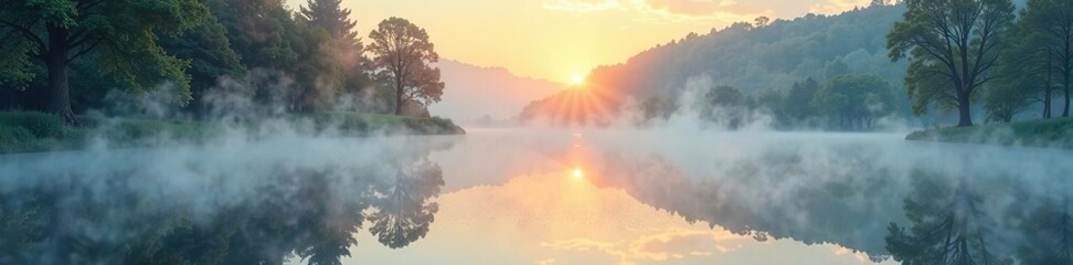 Fototapeta premium Morning fog clinging to a glass surface creates a mystical atmosphere, peaceful moment, calm scene