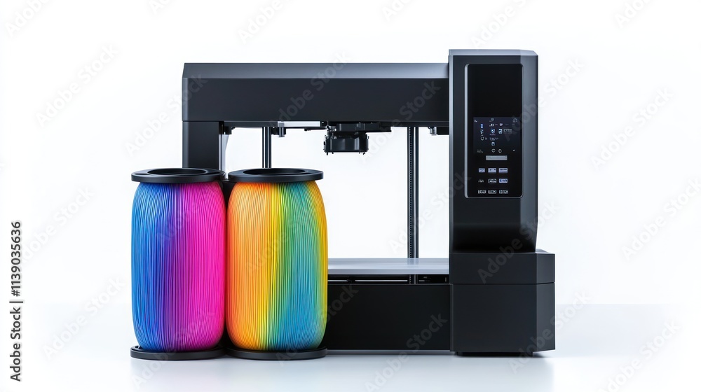 Poster a 3d printer with colorful filament spools for creative projects.