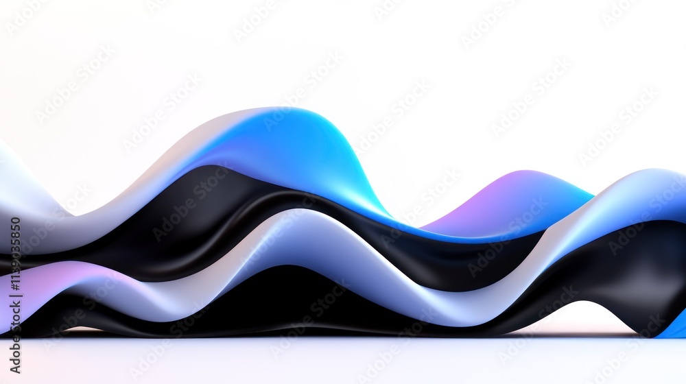 Poster abstract wave-like forms in a gradient of blue and black hues.