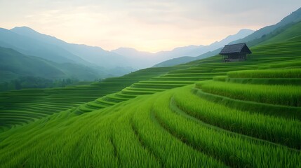 Obraz premium Lush Green Rice Paddies in Early Morning Light with Misty Mountains in Background Capturing the Tranquility of Nature's Bounty