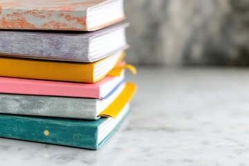 Stack of colorful books on marble surface, educational concept