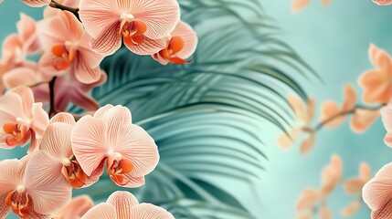 Tropical orchids in bold orange and red hues paired with soft pastel pinks, layered with muted green fern leaves, against a pale blue gradient background, hd quality, vibrant and exotic design.