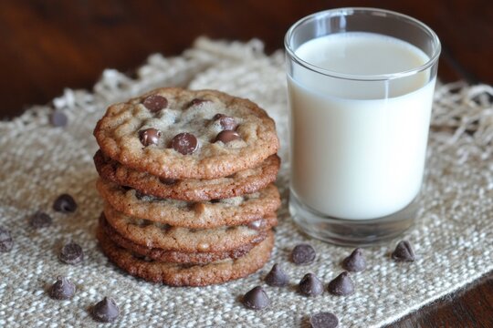 Gluten free stack of almond flour chocolate chip cookies with milk and scattered chips