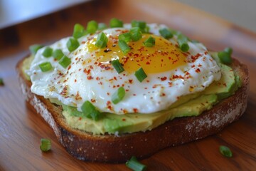 Healthy breakfast with avocado toast topped with fried egg, chili flakes, and green onions