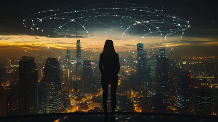 Fototapeta premium Abstract businesswoman stands on the peak of success Smart digital city with connection cyber security network reciprocity over the cityscape future wireless digital city and social media networking